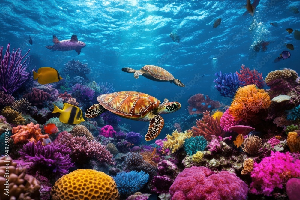 An awe-inspiring underwater view of two turtles navigating through a vibrant, colorful coral reef teeming with various species of fish, all set against a radiant blue ocean background filled with sun An awe-inspiring underwater view of two turtles navigating through a vibrant, colorful coral reef teeming with various species of fish, all set against a radiant blue ocean background filled with sun