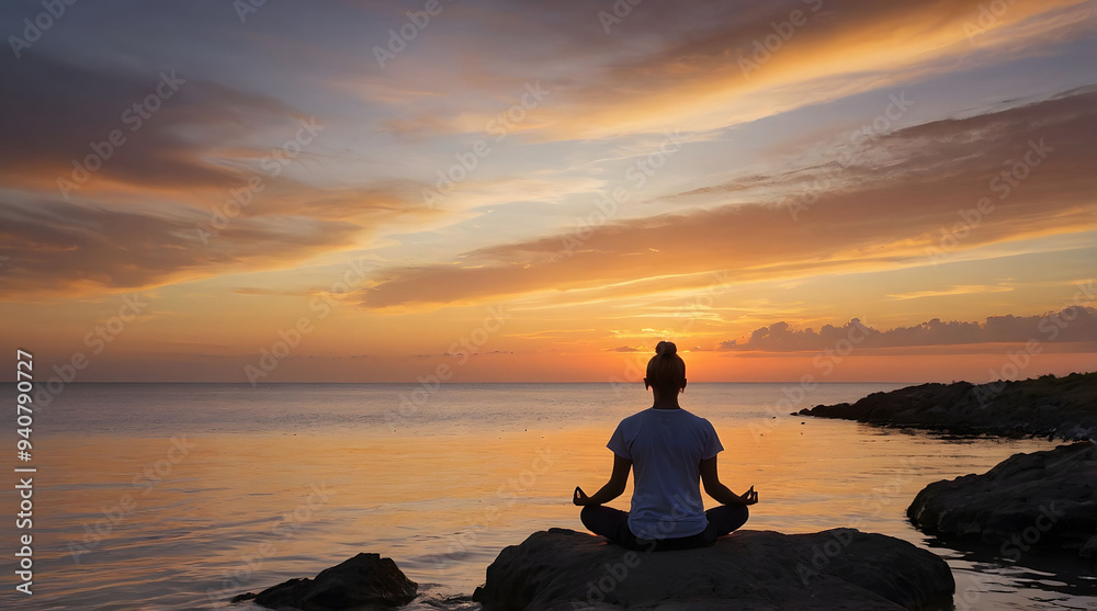 Silhouetted Woman Meditating on Rocks at Sunset Silhouetted Woman Meditating on Rocks at Sunset