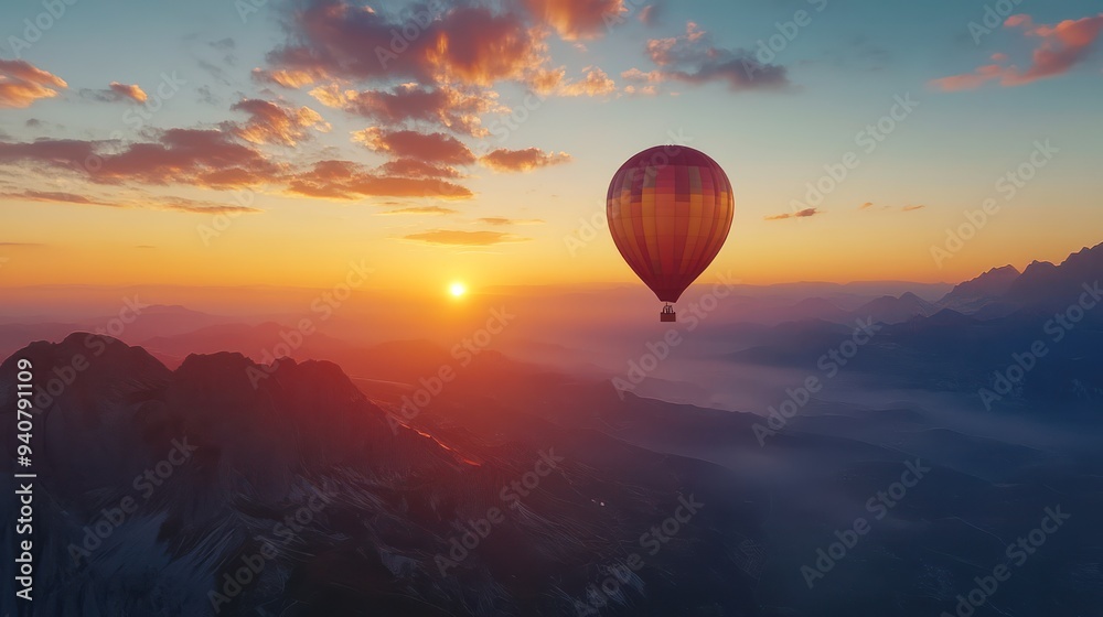 air balloon flying over a mountain range at sunset air balloon flying over a mountain range at sunset