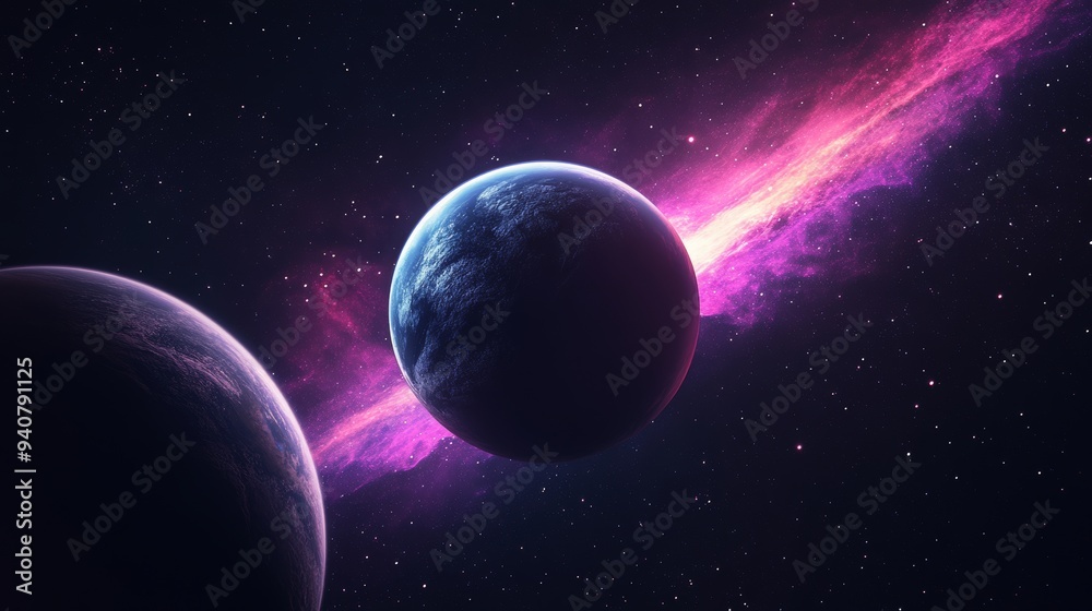 Obraz premium Surreal galaxy double exposure, vibrant stars and swirling planets in deep purples and blues