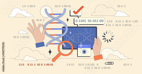Bioinformatics as computer usage for DNA analytics tiny neubrutalism concept. Virtual AI assistance for genomics or genetics research automation vector illustration. Biological data processing tech.