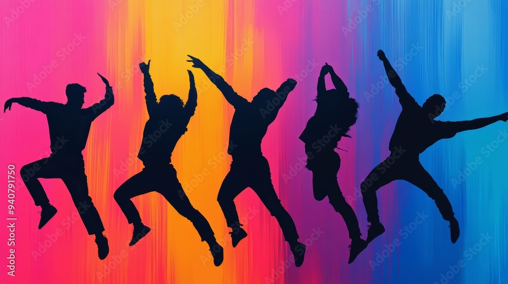 Silhouettes of urban dancers against a backdrop of neon graffiti, vivid colors blending into the cityscape, creating an abstract urban vibe Silhouettes of urban dancers against a backdrop of neon graffiti, vivid colors blending into the cityscape, creating an abstract urban vibe