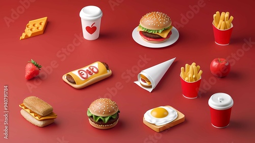 A fast food 3d cartoon vector icon set, pizza slice, taco, sandwich, roasted turkey, fried egg, french fries, paper cup, hamburger, Generative AI illustrations.