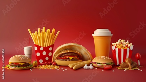 A fast food 3d realistic render vector icon set, pizza, taco, hamburger, fries potatoes, ramen noodle soup, hot dog, popcorn, chicken leg, Generative AI illustrations.