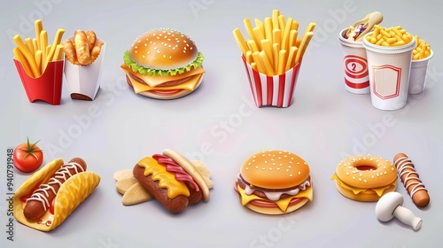 A fast food 3d realistic render vector icon set, pizza, taco, hamburger, fries potatoes, ramen noodle soup, hot dog, popcorn, chicken leg, Generative AI illustrations.