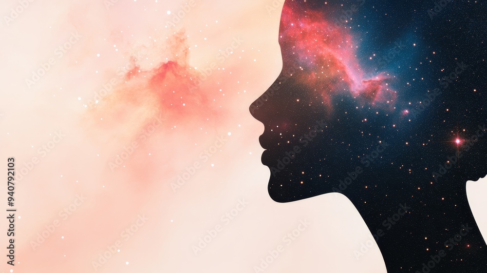 Double exposure image of a woman's profile with a dazzling galaxy, showing intricate star clusters and vivid nebulae Double exposure image of a woman's profile with a dazzling galaxy, showing intricate star clusters and vivid nebulae