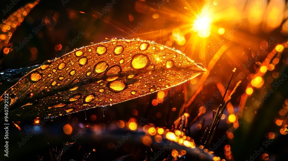 A tight shot of a leaf dotted with water droplets, sun gleaming behind A tight shot of a leaf dotted with water droplets, sun gleaming behind