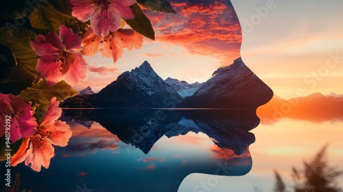 Scenic mountain landscape combined with a peaceful lake, lush greenery and vibrant flowers, double exposure, dreamlike and enchanting photo