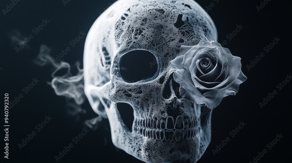 Ethereal skull with roses, gothic style, layered with intricate lace patterns, double exposure effect, dark and mysterious ambiance Ethereal skull with roses, gothic style, layered with intricate lace patterns, double exposure effect, dark and mysterious ambiance