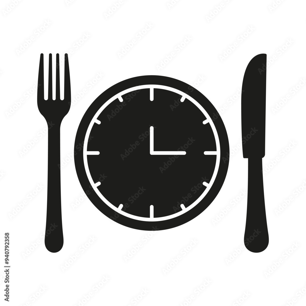 Fork And Knife With Clock Silhouette Icon, Lunch Time Concept. Restaurant, Scheduling, Culinary And Nutrition. Isolated Vector Illustration Fork And Knife With Clock Silhouette Icon, Lunch Time Concept. Restaurant, Scheduling, Culinary And Nutrition. Isolated Vector Illustration
