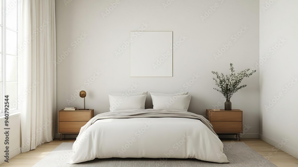 Minimal bedroom with clean lines and a soft, muted color palette, calm and serene, modern design Minimal bedroom with clean lines and a soft, muted color palette, calm and serene, modern design