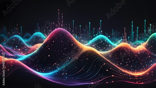 A colorful, abstract image of a mountain range with a rainbow of colors