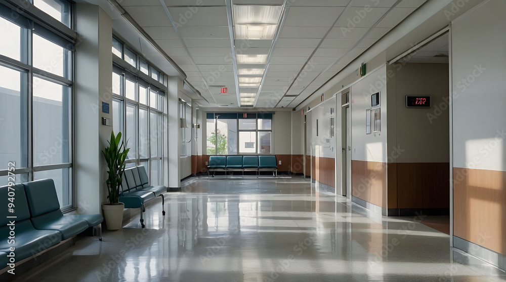Empty Hospital Hallway with Seating and Windows Empty Hospital Hallway with Seating and Windows