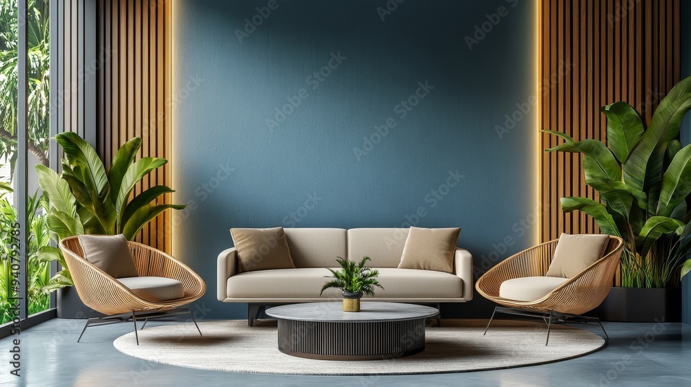 Modern lounge furniture set with sofa and chairs, realistic living room decor for background or wallpaper design. Modern lounge furniture set with sofa and chairs, realistic living room decor for background or wallpaper design.