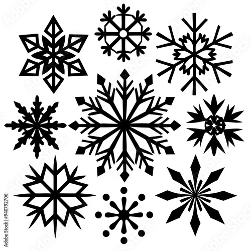 Nine black snowflakes are arranged