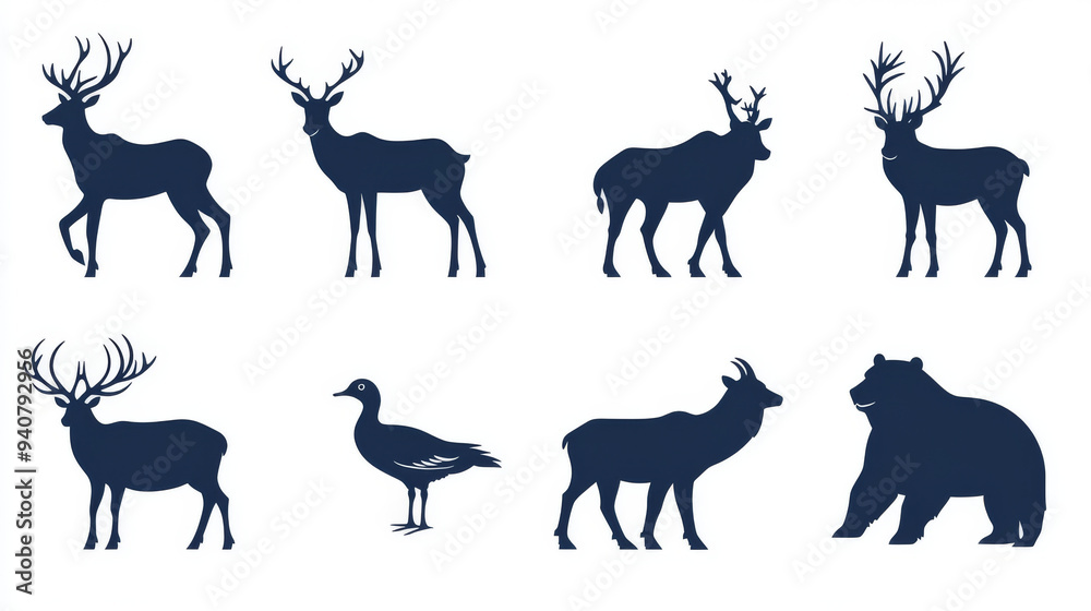 Silhouette icons of various animals: deer, mountain goat, reindeer with antlers, wild boar, rhino, panther, grizzly bear, and duck. Ideal for safari, savanna, and forest themes, as well as hunting and Silhouette icons of various animals: deer, mountain goat, reindeer with antlers, wild boar, rhino, panther, grizzly bear, and duck. Ideal for safari, savanna, and forest themes, as well as hunting and
