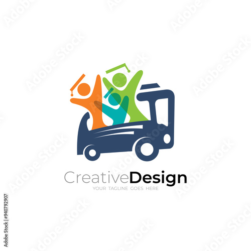 icon of a school bus full of students, transportation equipment logo