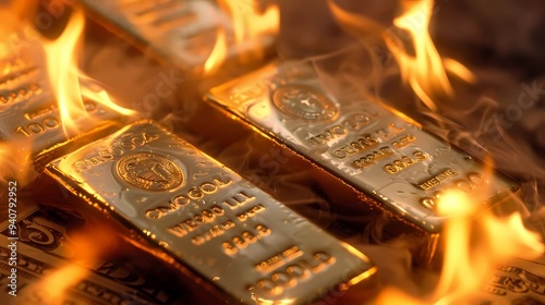 A gold bullion bars emerge unscathed from fire as dollars burn up, Generative AI illustrations. 