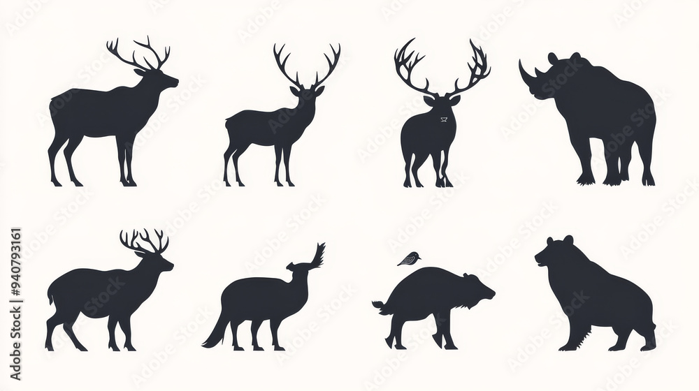 Silhouette icons of various animals: deer, mountain goat, reindeer with antlers, wild boar, rhino, panther, grizzly bear, and duck. Ideal for safari, savanna, and forest themes, as well as hunting and Silhouette icons of various animals: deer, mountain goat, reindeer with antlers, wild boar, rhino, panther, grizzly bear, and duck. Ideal for safari, savanna, and forest themes, as well as hunting and