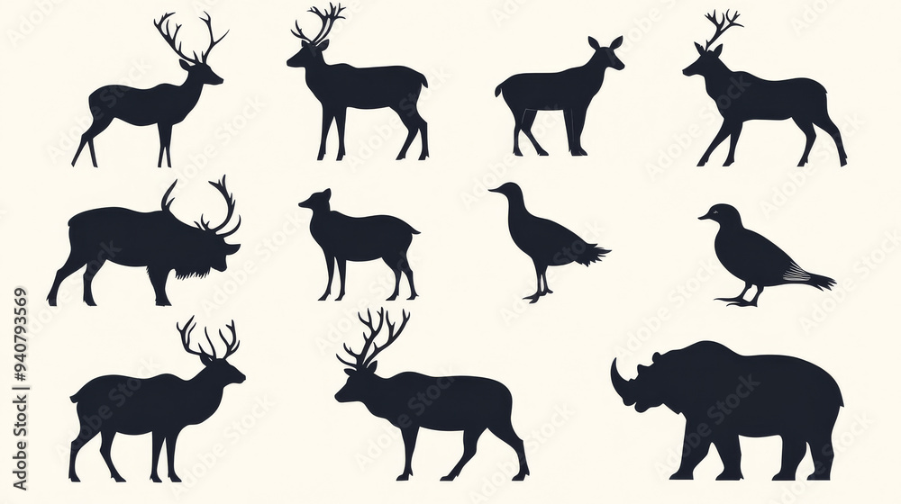 Silhouette icons of various animals: deer, mountain goat, reindeer with antlers, wild boar, rhino, panther, grizzly bear, and duck. Ideal for safari, savanna, and forest themes, as well as hunting and Silhouette icons of various animals: deer, mountain goat, reindeer with antlers, wild boar, rhino, panther, grizzly bear, and duck. Ideal for safari, savanna, and forest themes, as well as hunting and