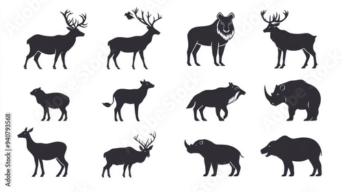 Silhouette icons of various animals: deer, mountain goat, reindeer with antlers, wild boar, rhino, panther, grizzly bear, and duck. Ideal for safari, savanna, and forest themes, as well as hunting and photo