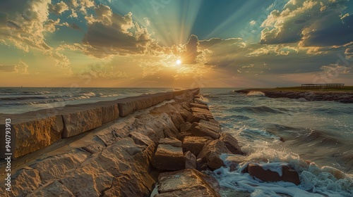 Fototapeta Naklejka Na Ścianę i Meble -  Seawall at Galveston, Texas: Evening Sun Illuminates Coastal Breakwater on Gulf of Mexico