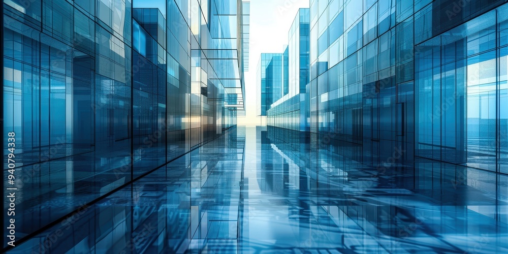 Sleek and reflective urban architecture showcasing modern glass structures under soft lighting Sleek and reflective urban architecture showcasing modern glass structures under soft lighting