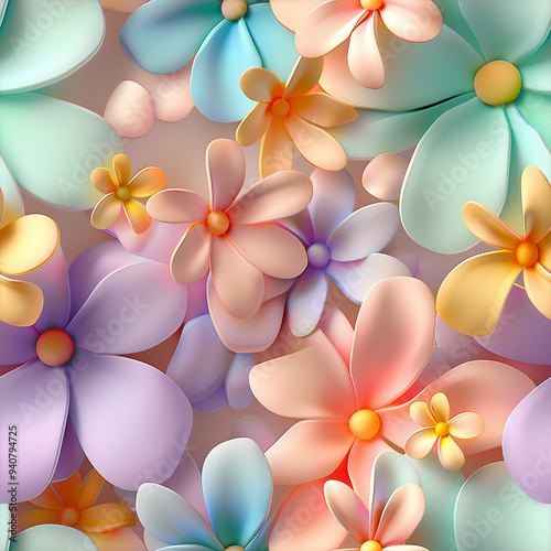 Colorful 3D floral pattern in pastel shades, perfect for backgrounds, invitations, and creative projects.