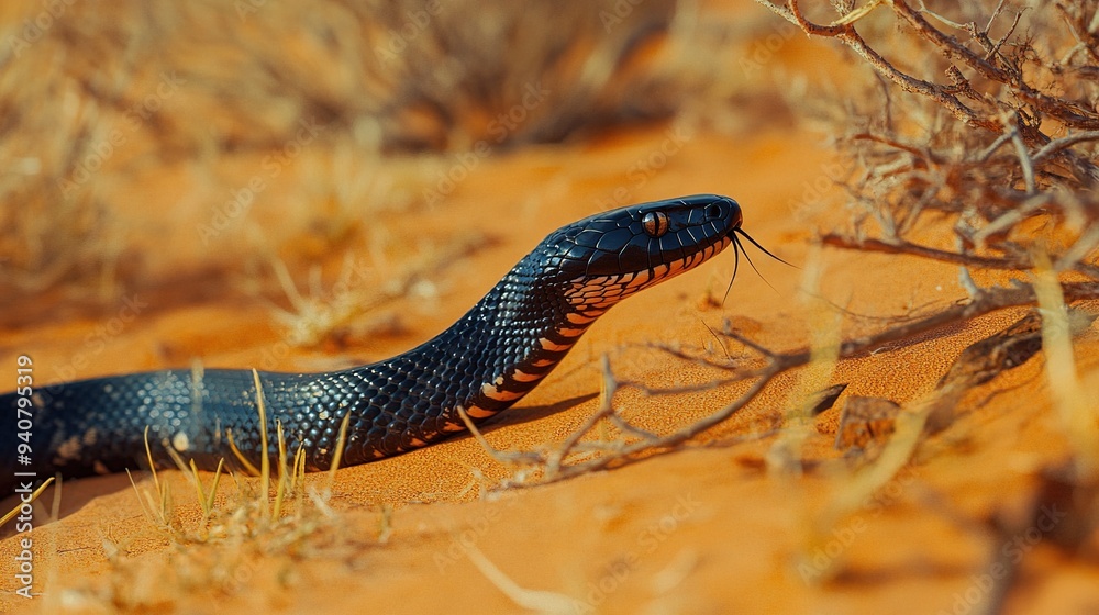 Black Snake Moving Across Desert Terrain Black Snake Moving Across Desert Terrain