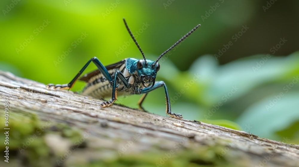 Fototapeta premium A tight shot of a blue-black insect on a wooden surface against a background of green foliage