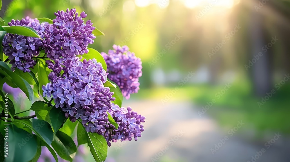 Obraz premium A tree branch adorned with a cluster of purple lilacs, flanking a sunlit park path on a sunny day