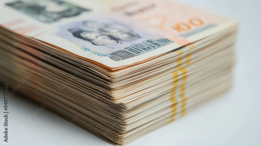 A stack of new banknotes are elegantly arranged. The overall atmosphere is luxurious and sophisticated, evoking a sense of wealth and prosperity. A stack of new banknotes are elegantly arranged. The overall atmosphere is luxurious and sophisticated, evoking a sense of wealth and prosperity.