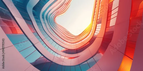 Obraz Abstract architectural design showcasing vibrant colors and unique shapes under a clear sky during sunset in a modern urban setting