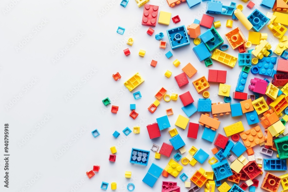 Scattered toy building blocks in vibrant colors on a white background, perfect for educational themes, creativity concepts, and kids' playtime visuals Scattered toy building blocks in vibrant colors on a white background, perfect for educational themes, creativity concepts, and kids' playtime visuals
