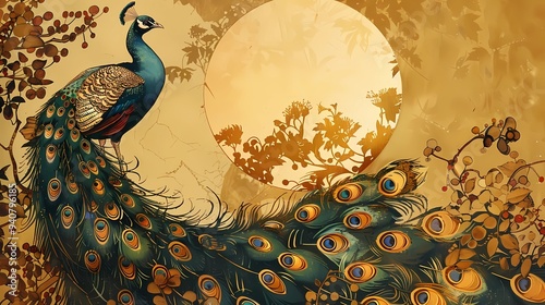 A peacock from the alchemical illuminated manuscipt, midday lighting, golden sun in background, watercolour and gouache, botanical abundance of wildflowers and berries, Generative AI illustrations. 