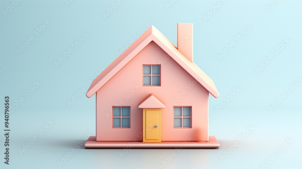 A charming pink house model with windows and a yellow door, set against a soft blue background, evoking warmth and comfort. A charming pink house model with windows and a yellow door, set against a soft blue background, evoking warmth and comfort.
