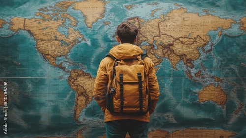A traveller with backpack front of world map background