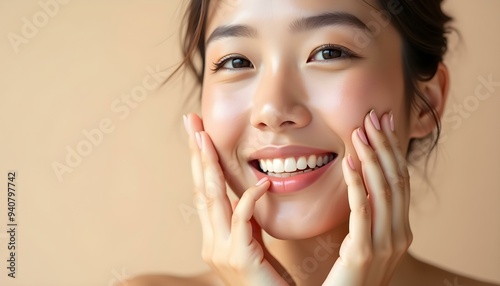 Cosmetics skincare concept photo. Woman with beautiful face touching healthy facial skin portrait. Beautiful smiling Asian girl model with natural makeup enjoys glowing hydrated smooth skin on beige 