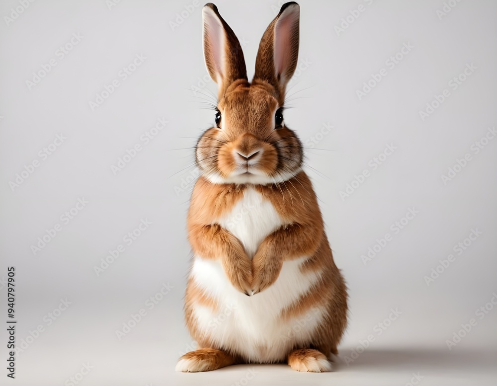 Fototapeta premium Curious rabbit sitting upright on a wooden surface against a soft beige background in indoor setting