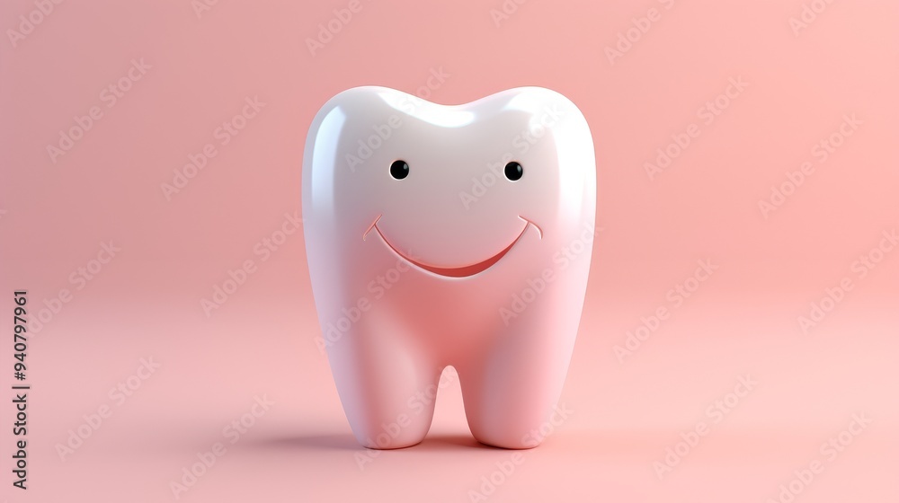 A cheerful cartoon tooth character on a pastel pink background, symbolizing dental health and happiness. A cheerful cartoon tooth character on a pastel pink background, symbolizing dental health and happiness.