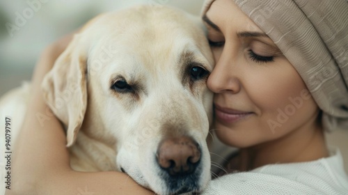 A woman facing the challenges of cancer finds solace and comfort in the unconditional love and companionship of her loyal dog as they share a tender moment of deep connection and respite