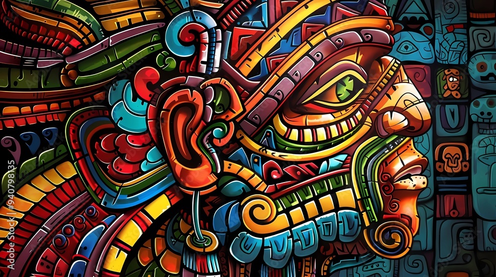 Abstract of a mayan vivid color drawing, dark background, Generative AI illustrations. Abstract of a mayan vivid color drawing, dark background, Generative AI illustrations.