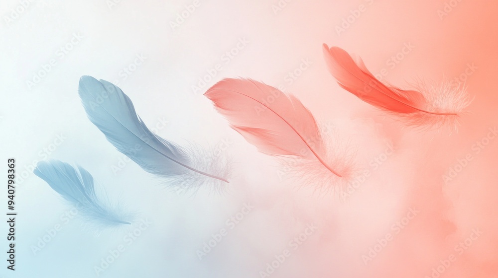 Naklejka premium floating feathers to symbolize light and serenity. Include calming spaces, posters, photos, and copy space.