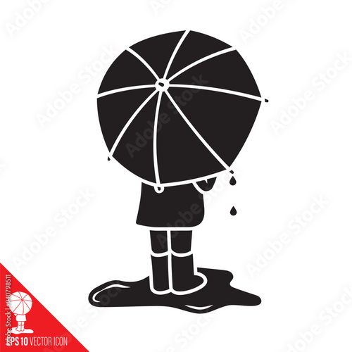 Kid with umbrella standing in puddle vector icon