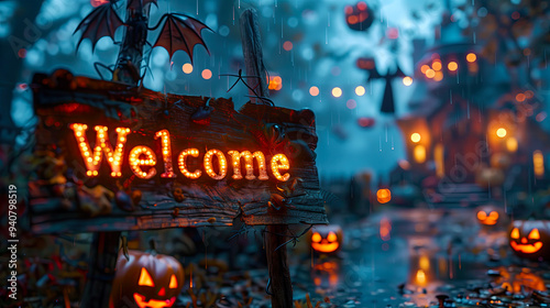 illuminating wooden halloweem welcome sign photo