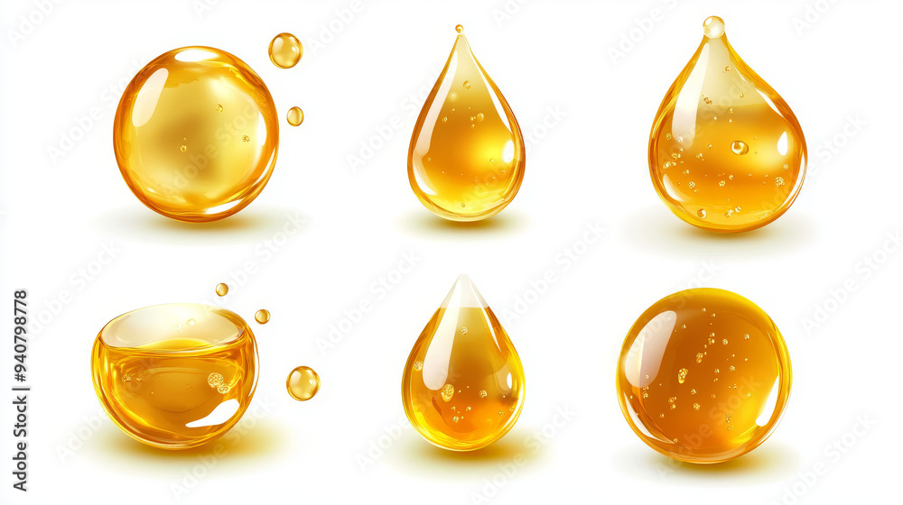 Realistic 3D vector set of isolated oil drops, featuring small yellow liquid spheres of hydrophobic substance. Includes shiny amber-colored dews representing honey, fuel, collagen, beauty products. Realistic 3D vector set of isolated oil drops, featuring small yellow liquid spheres of hydrophobic substance. Includes shiny amber-colored dews representing honey, fuel, collagen, beauty products.