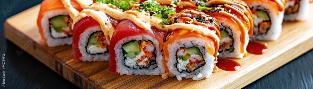 A wooden board with a selection of plant-based sushi rolls, featuring fresh vegetables and vegan sauces A wooden board with a selection of plant-based sushi rolls, featuring fresh vegetables and vegan sauces