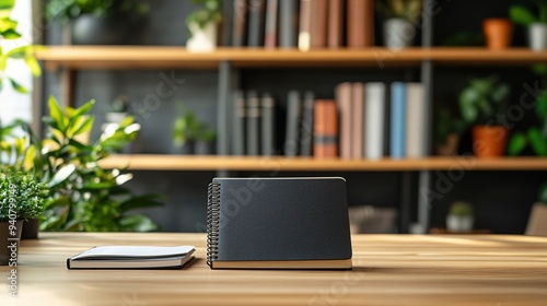 Spiral-bound notebooks on a wooden desk with bookshelf and plants in the background