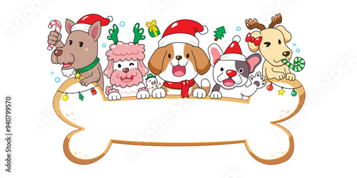 Merry christmas cute cartoon dogs with big bone sign for design.