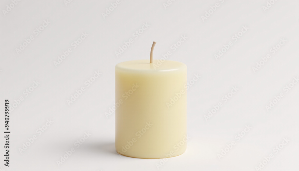 Mock up blank cylindrical candle with wick, isolated on a clean white background